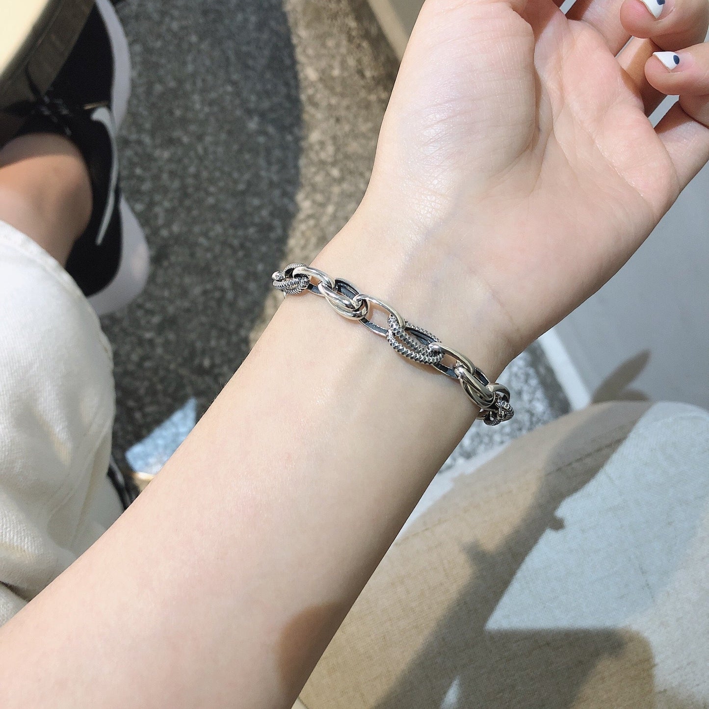 Sterling Silver Vintage Distressed Thick Chain Bracelet