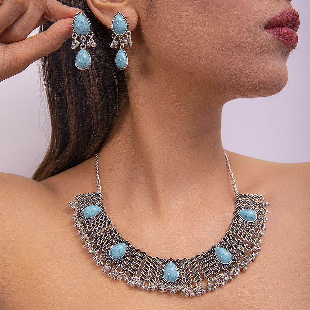 Ethnic-style Pearl Flower Necklace And Earrings Set