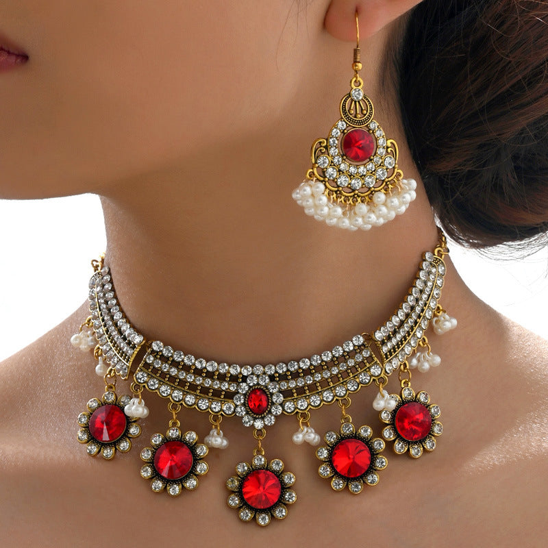Ethnic-style Pearl Flower Necklace And Earrings Set