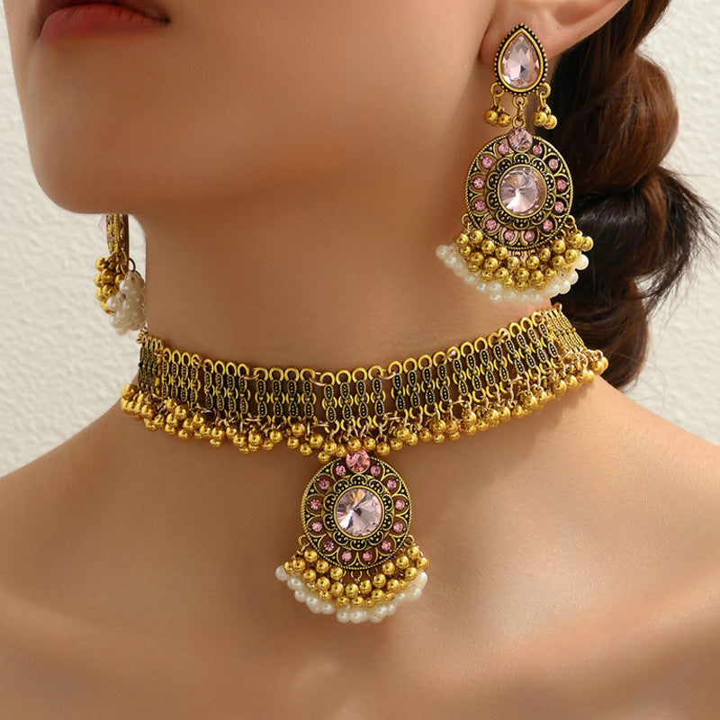 Ethnic-style Pearl Flower Necklace And Earrings Set